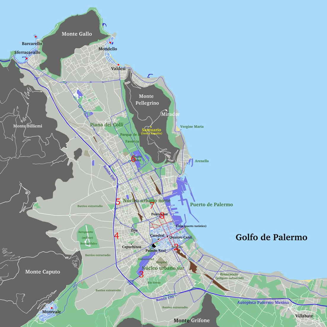 Mapa centro urbano Palermo con ubicación terminales buses urbanos