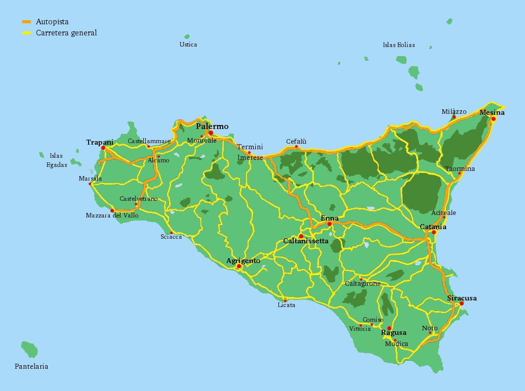 Viajar por Sicilia - Mapa de Sicilia con autopistas y carreteras